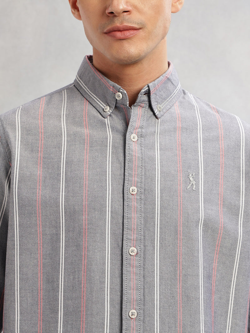 Thomas Scott Men Navy Cricket Club Collection Slim Fit Long Sleeves Button Down Collar Vertical Stripes Oxford Casual Shirt