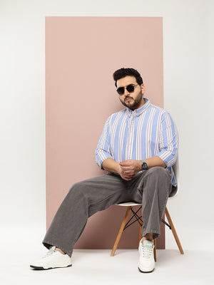 Thomas Scott Men Blue Cricket Club Collections Plus Size Regular Fit Long Sleeves Button-Down Collar Multi Stripes 100% Cotton Casual Shirt