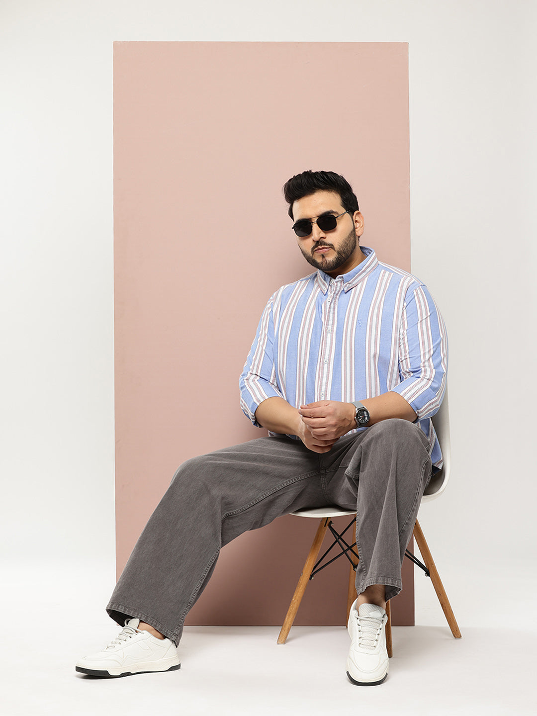 Thomas Scott Men Blue Cricket Club Collections Plus Size Regular Fit Long Sleeves Button-Down Collar Multi Stripes 100% Cotton Casual Shirt