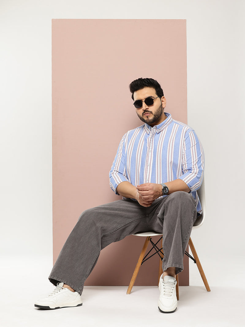 Thomas Scott Men Blue Cricket Club Collections Plus Size Regular Fit Long Sleeves Button-Down Collar Multi Stripes 100% Cotton Casual Shirt