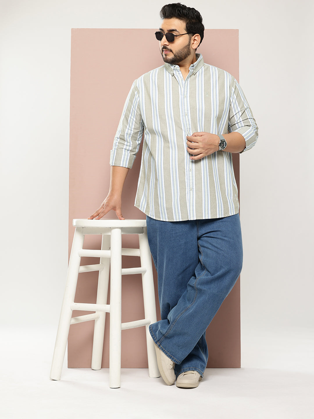 Thomas Scott Men Green Cricket Club Collections Plus Size Regular Fit Long Sleeves Button-Down Collar Multi Stripes 100% Cotton Casual Shirt
