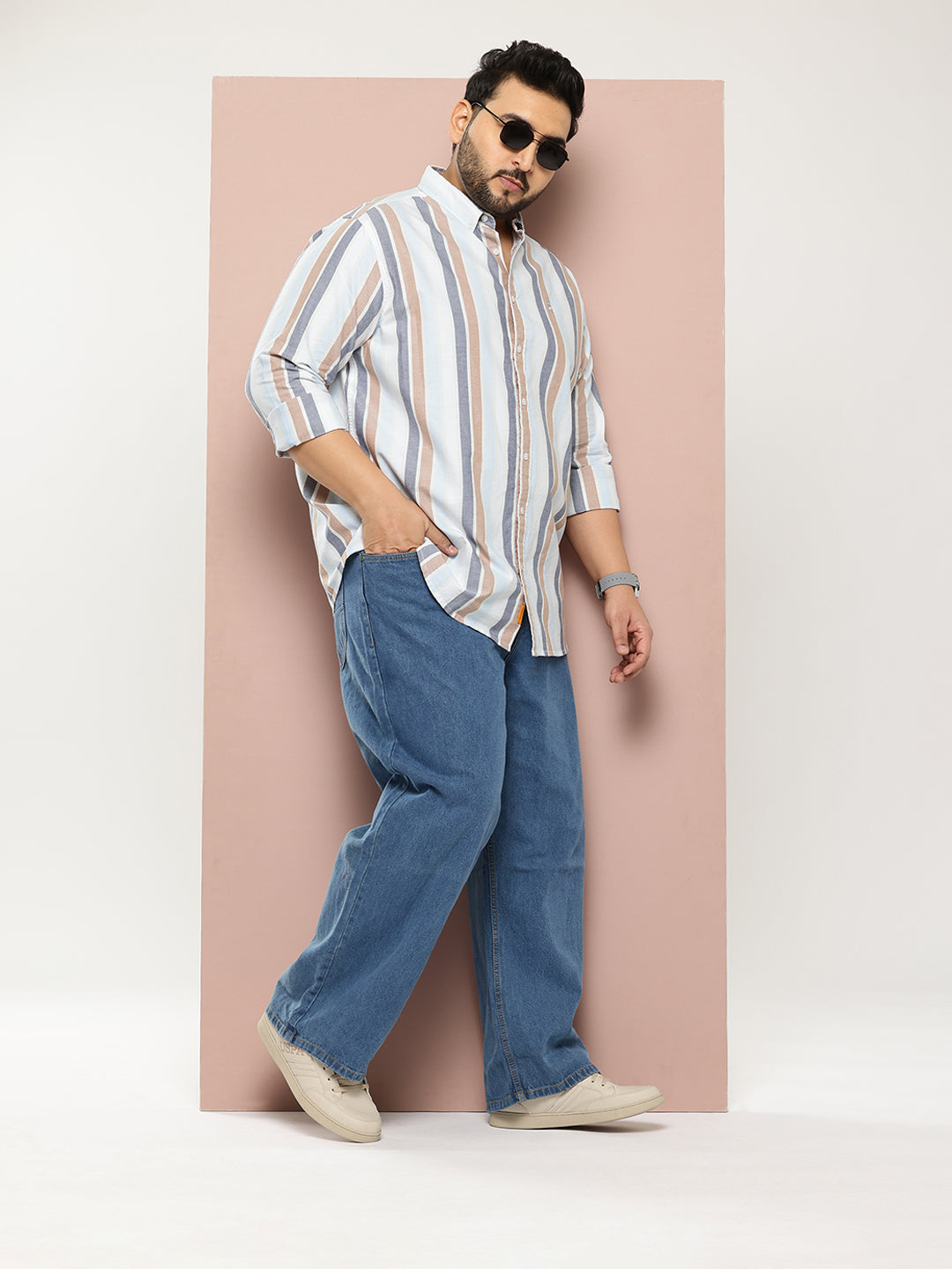 Thomas Scott Men White Plus Size Cricket Club Collections Long Sleeves Button Down Collar Multi Stripes Oxford Casual Shirt