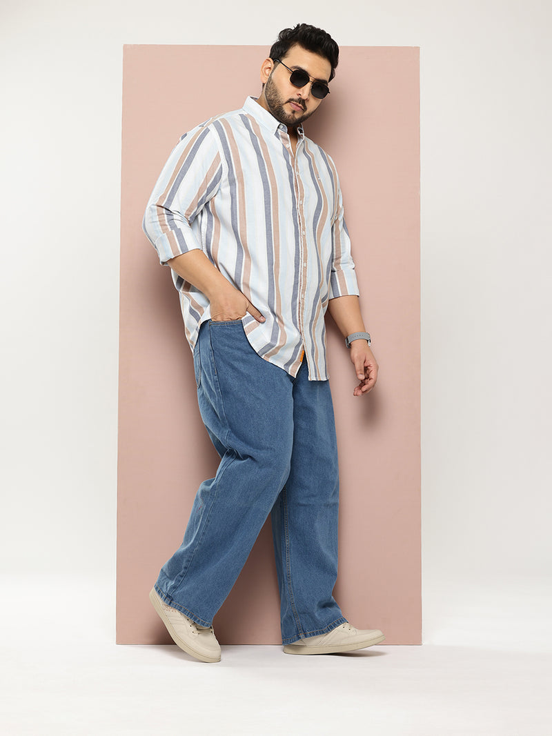 Thomas Scott Men White Plus Size Cricket Club Collections Long Sleeves Button Down Collar Multi Stripes Oxford Casual Shirt
