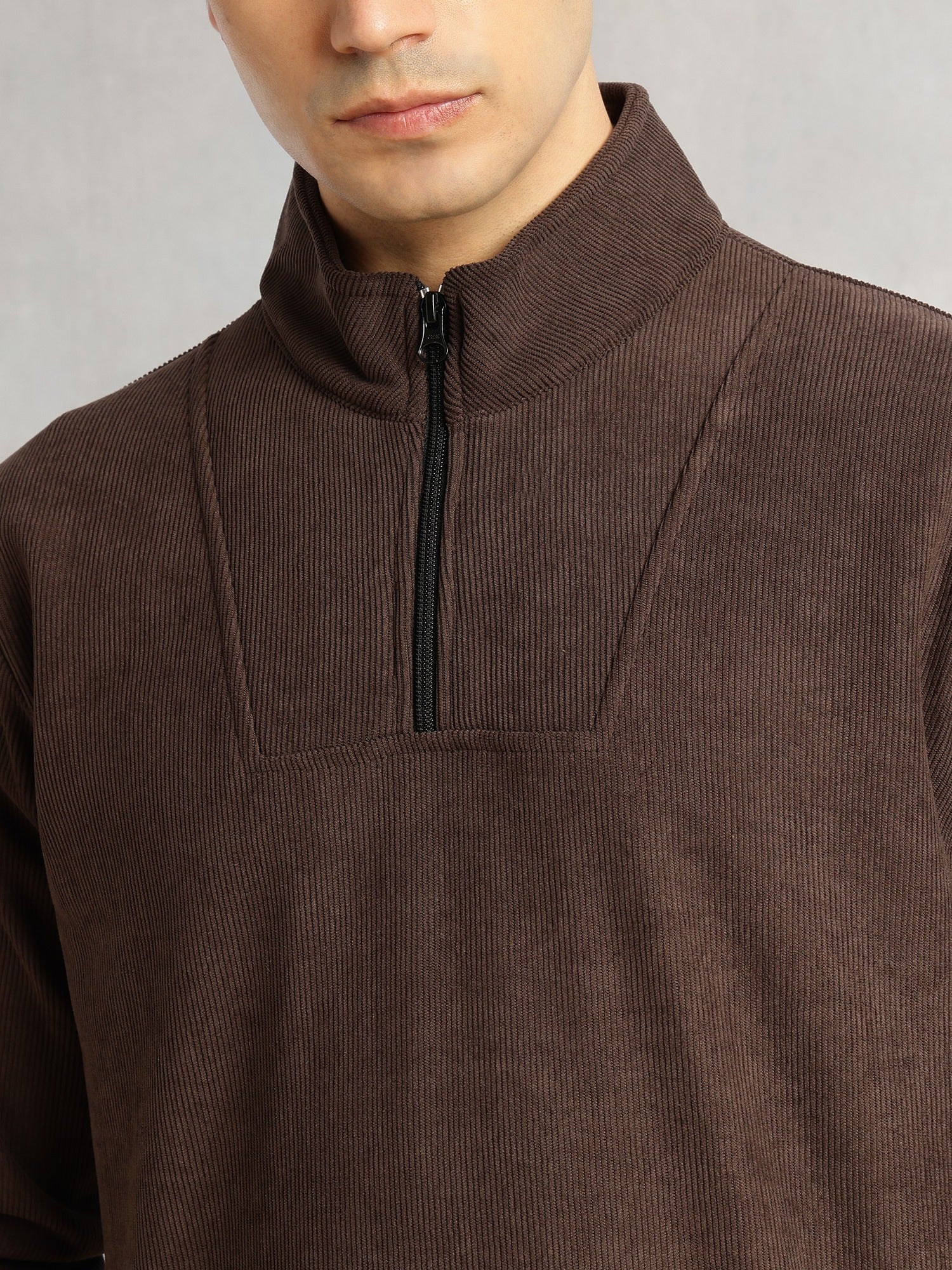 Thomas Scott Men Brown Regular Fit Long Sleeves Mock Neck Half-Zip Solid Polyester Knitted Sweatshirt