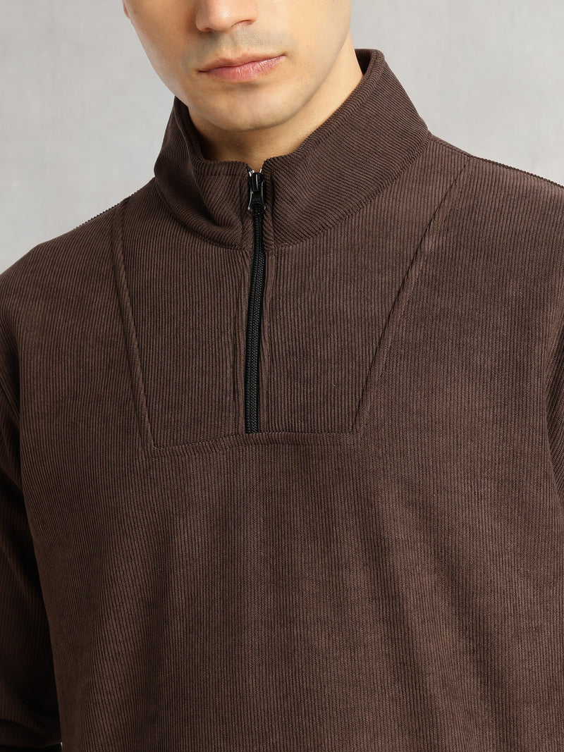 Thomas Scott Men Brown Regular Fit Long Sleeves Mock Neck Half-Zip Solid Polyester Knitted Sweatshirt