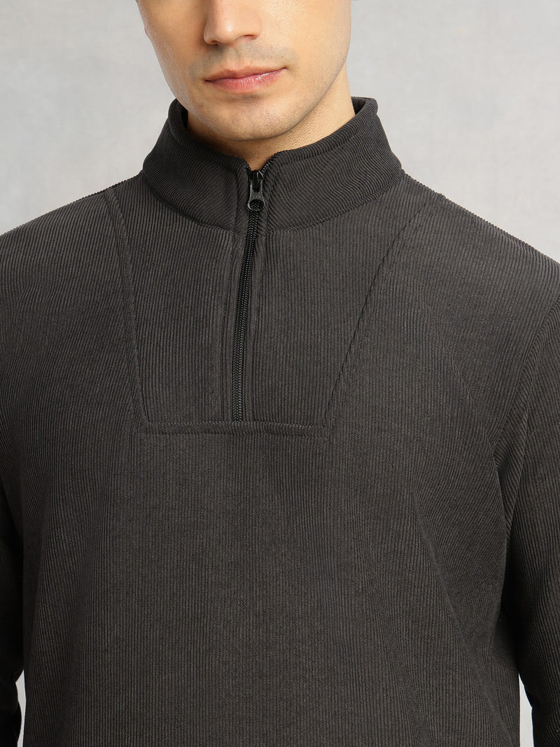 Thomas Scott Men Grey Regular Fit Long Sleeves Mock Neck Half-Zip Solid Polyester Knitted Sweatshirt