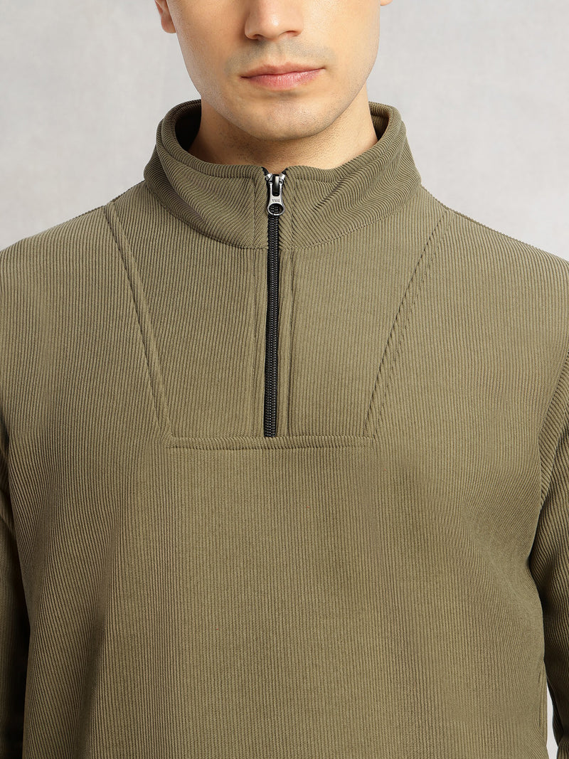 Thomas Scott Men Olive Regular Fit Long Sleeves Mock Neck Half-Zip Solid Polyester Knitted Sweatshirt