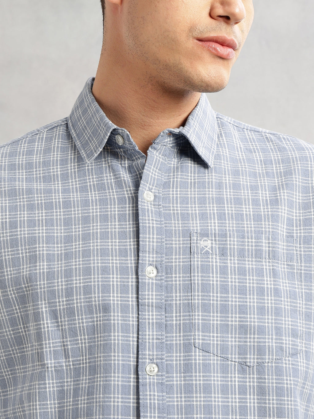 Thomas Scott Men Blue Slim Fit Long Sleeves Spread Collar Tartan Checks Cotton Linen Casual Shirt