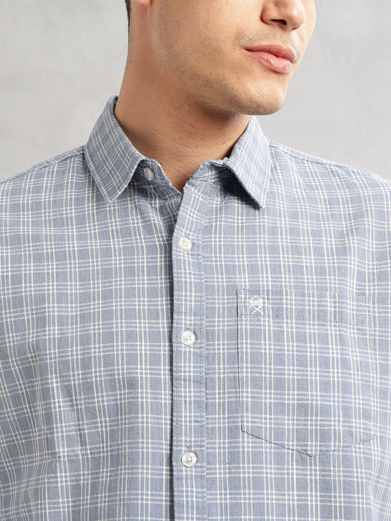 Thomas Scott Men Blue Slim Fit Long Sleeves Spread Collar Tartan Checks Cotton Linen Casual Shirt