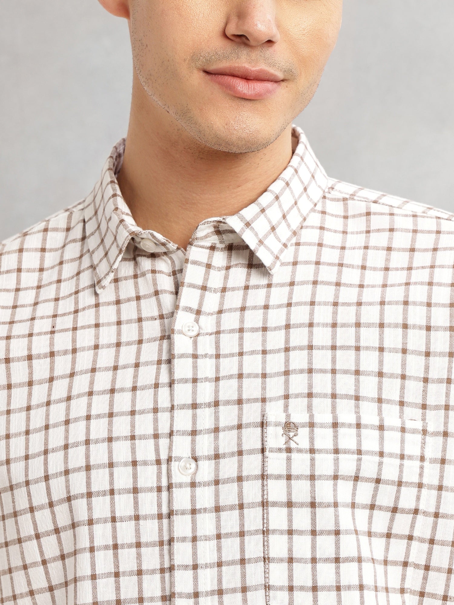 Thomas Scott Men Brown Slim Fit Long Sleeves Spread Collar Tartan Checks Cotton Linen Casual Shirt