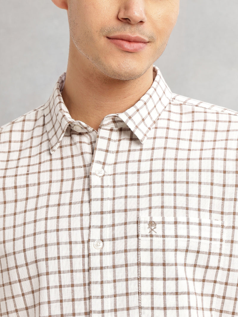 Thomas Scott Men Brown Slim Fit Long Sleeves Spread Collar Tartan Checks Cotton Linen Casual Shirt