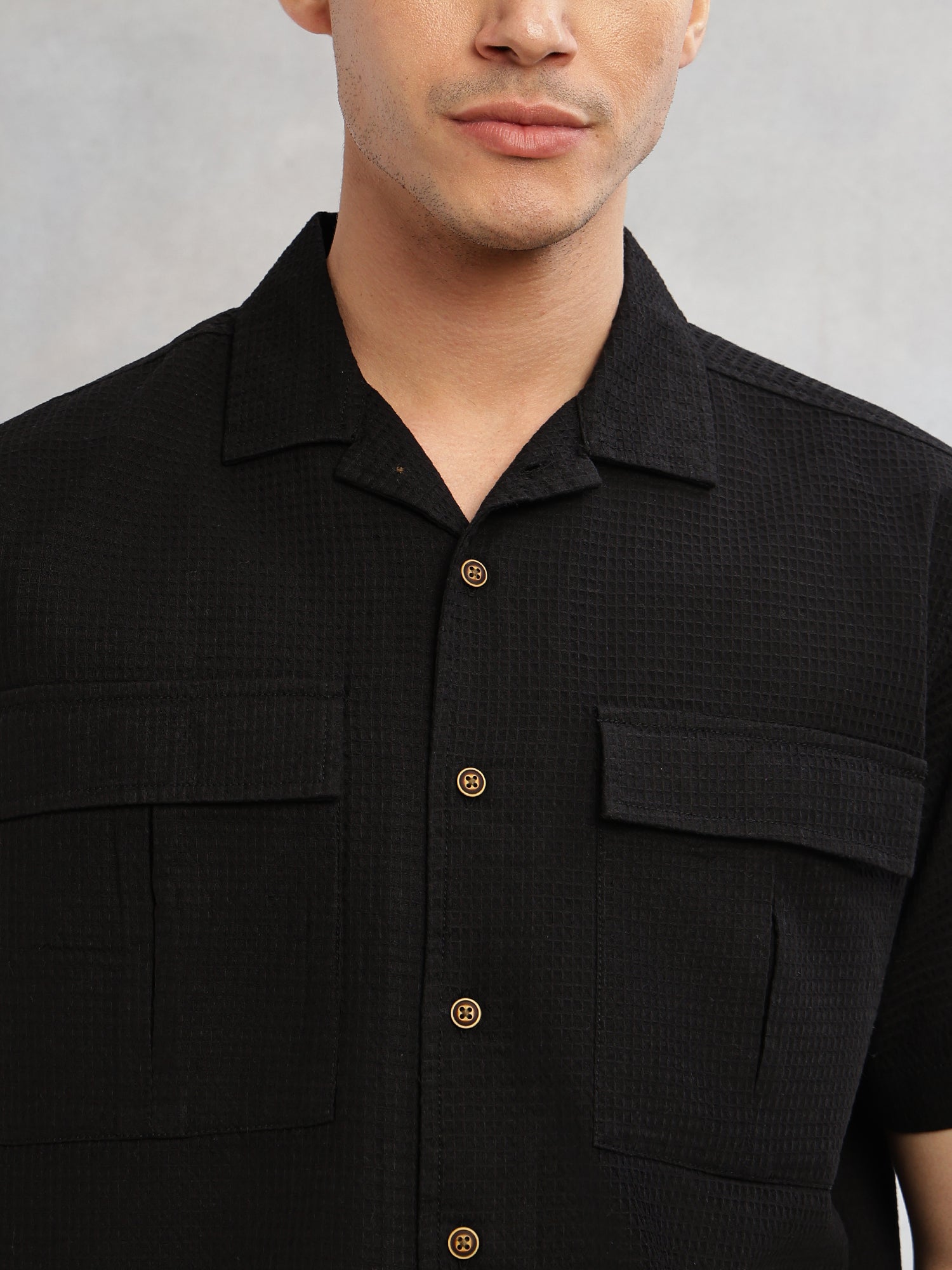 Thomas Scott Men Black Cricket Club Collection Oversized Fit Short Sleeves Textured Cotton Casual Shirt