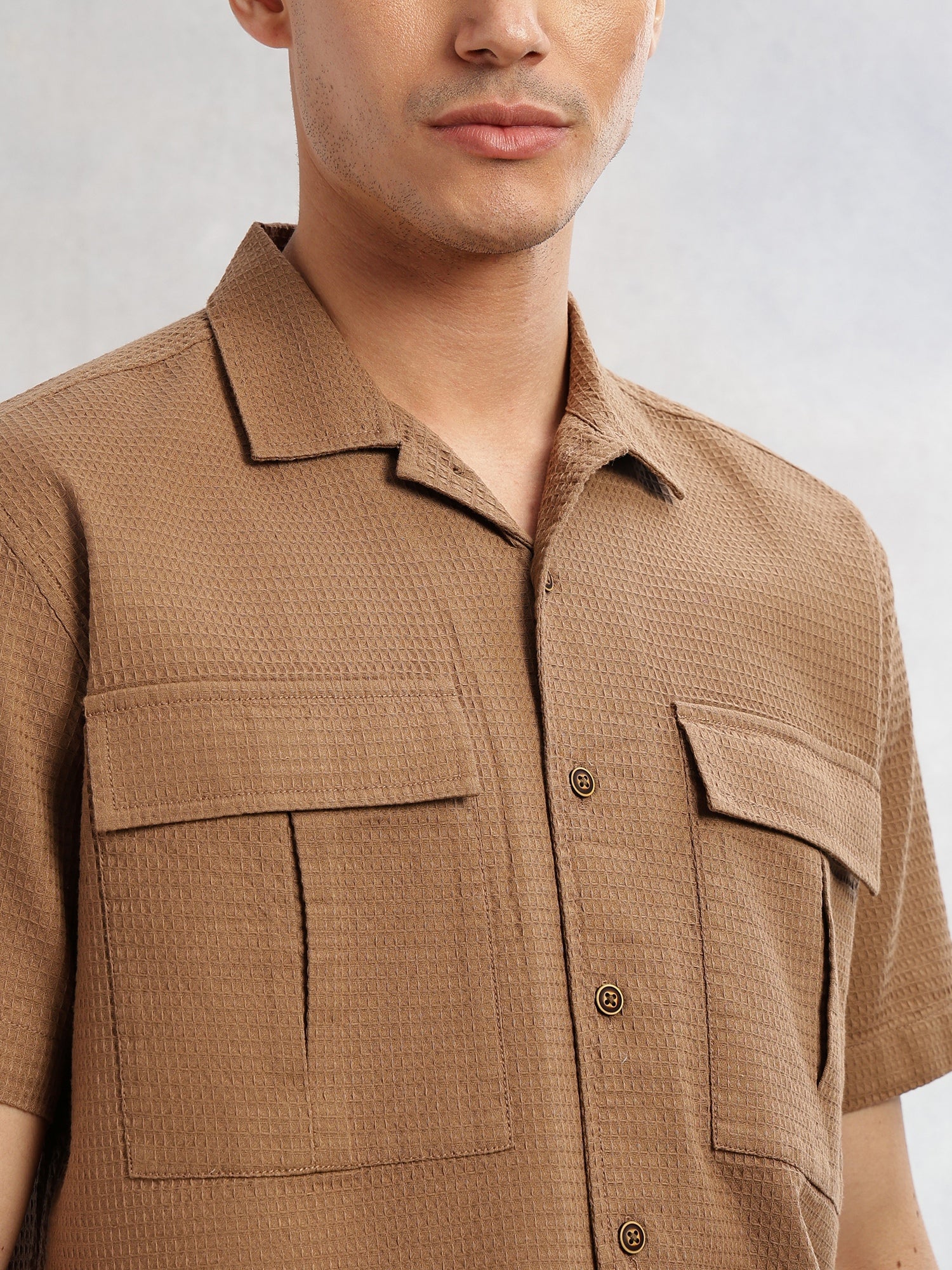 Thomas Scott Men Brown Cricket Club Collection Oversized Fit Short Sleeves Textured Cotton Casual Shirt