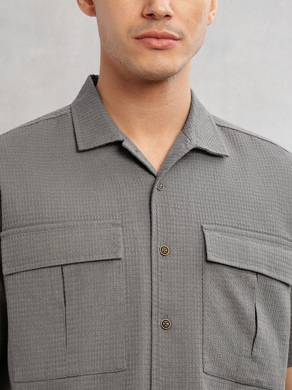 Thomas Scott Men Grey Cricket Club Collection Oversized Fit Short Sleeves Textured Cotton Casual Shirt