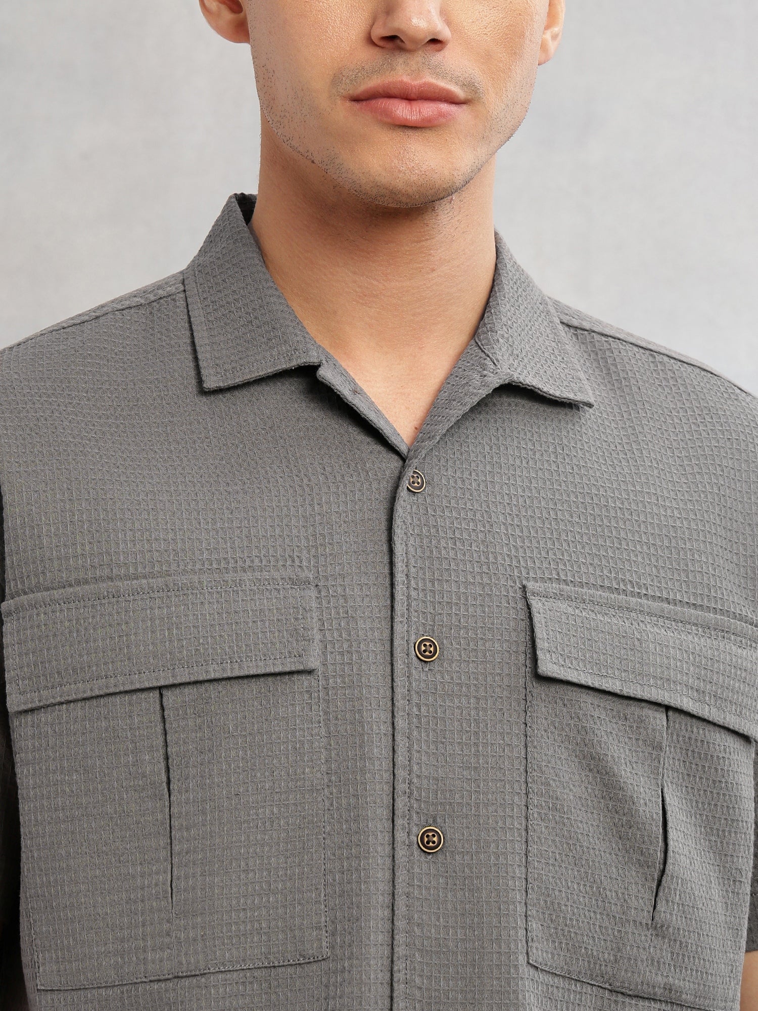 Thomas Scott Men Grey Cricket Club Collection Oversized Fit Short Sleeves Textured Cotton Casual Shirt