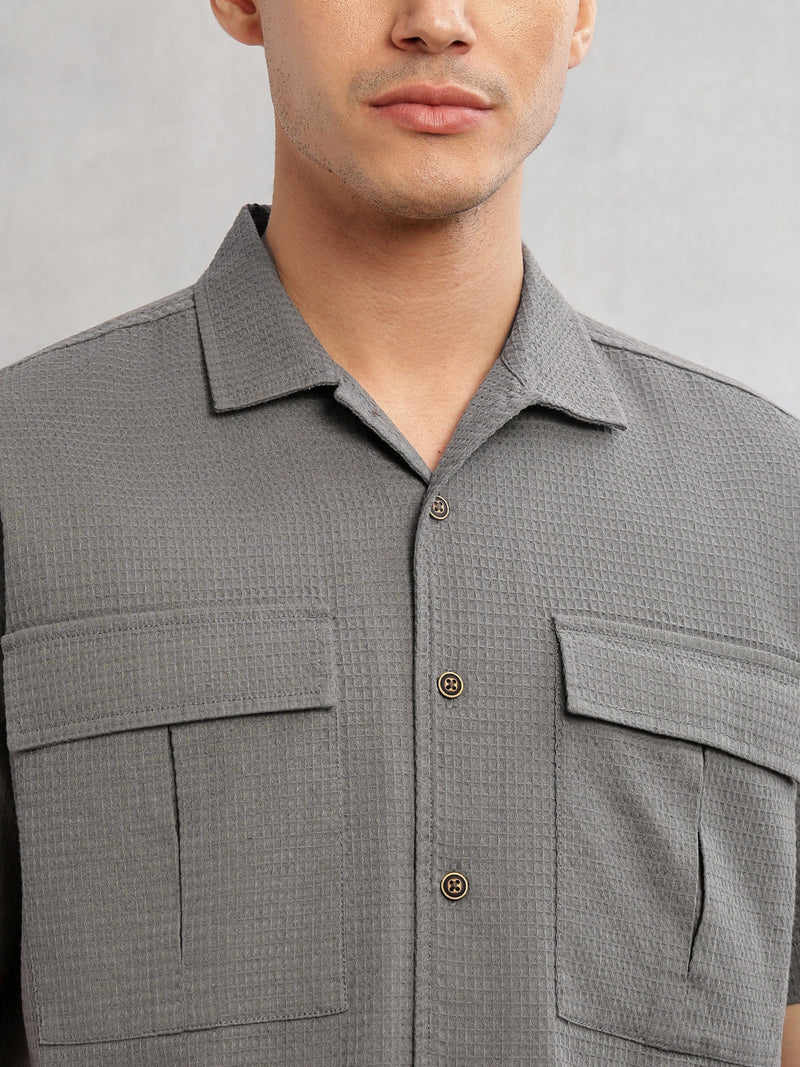 Thomas Scott Men Grey Cricket Club Collection Oversized Fit Short Sleeves Textured Cotton Casual Shirt
