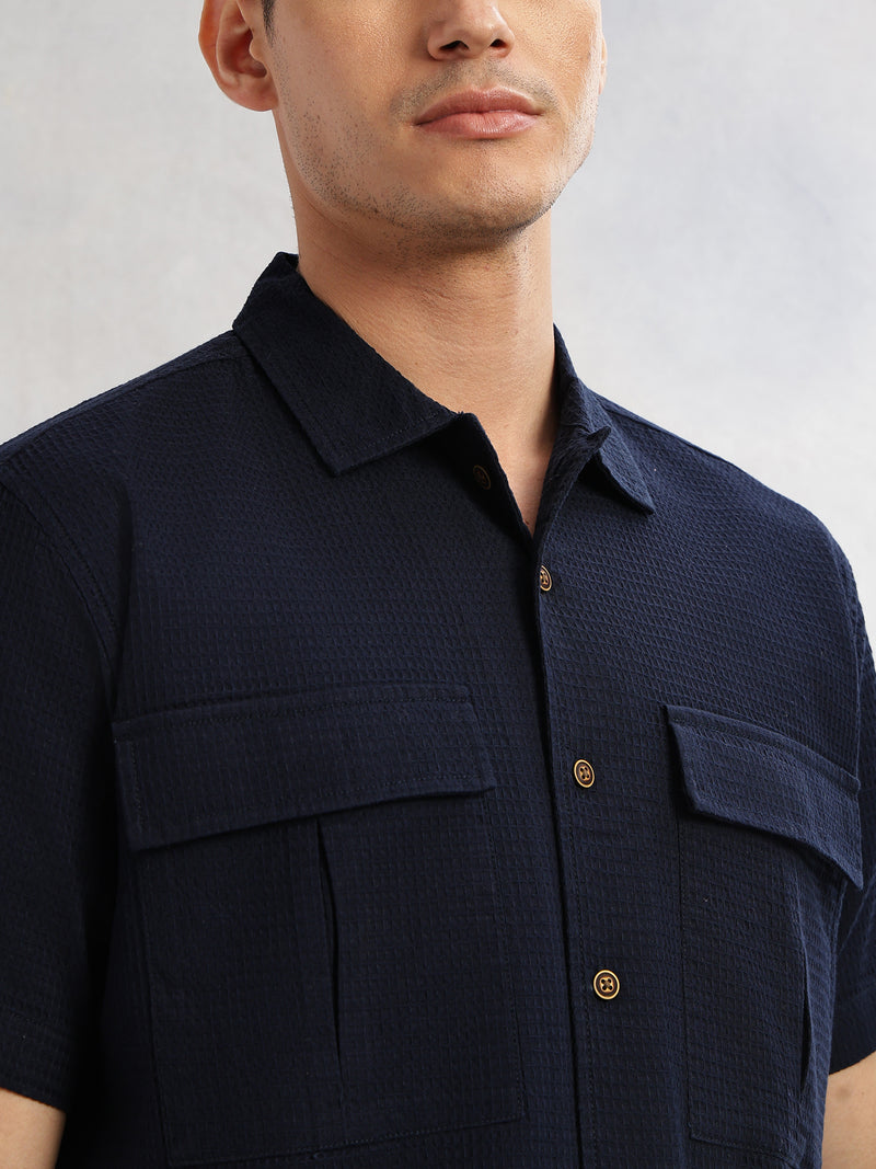 Thomas Scott Men Navy Cricket Club Collection Oversized Fit Short Sleeves Textured Cotton Casual Shirt