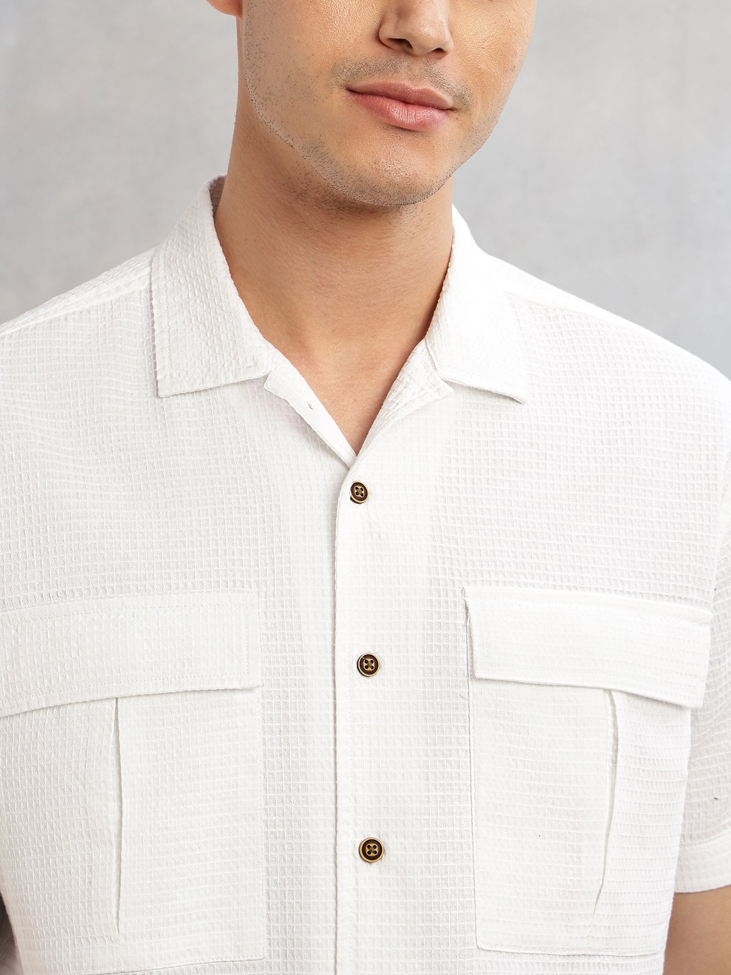 Thomas Scott Men White Cricket Club Collection Oversized Fit Short Sleeves Textured Cotton Casual Shirt