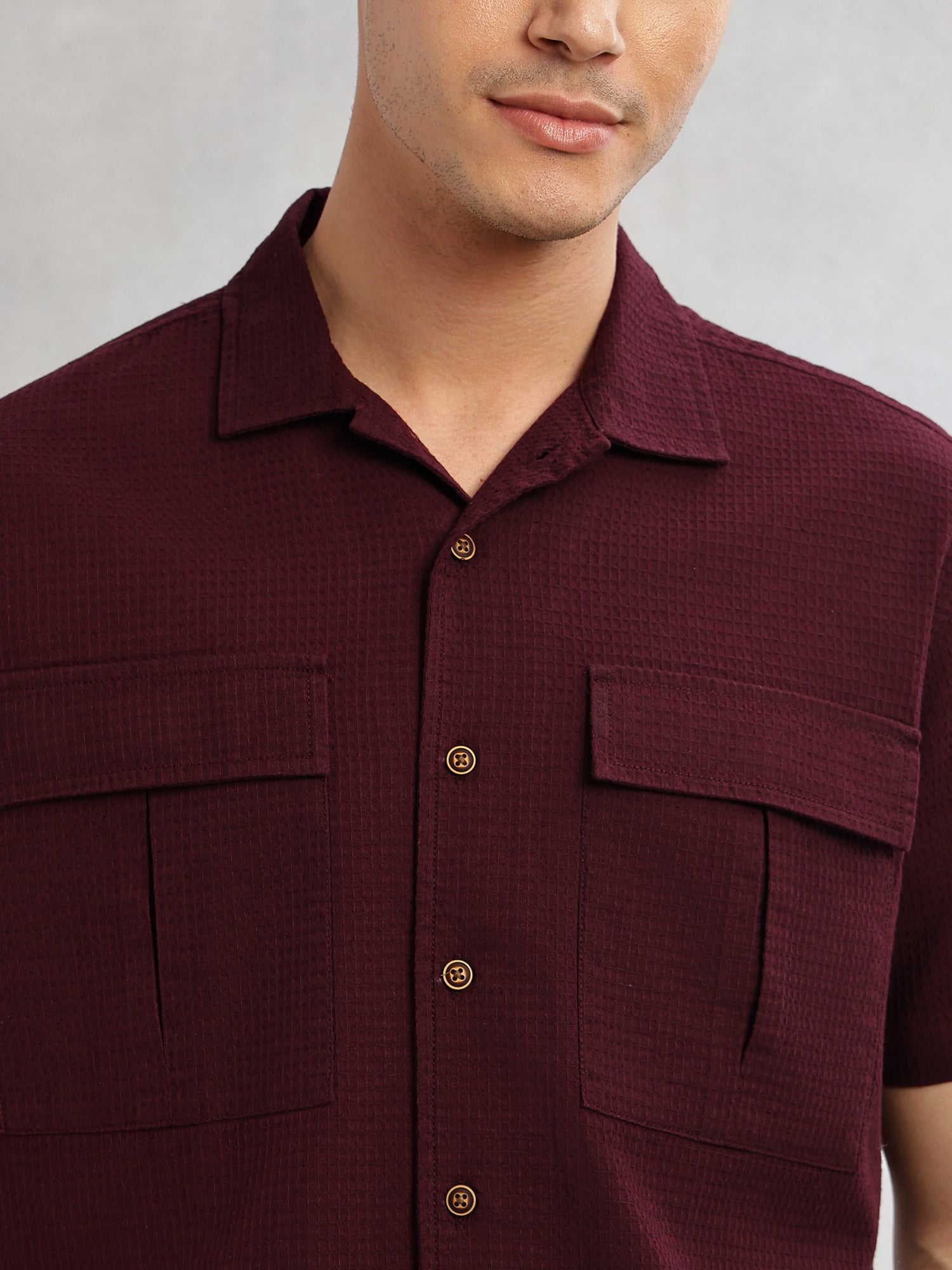 Thomas Scott Men Wine Cricket Club Collection Oversized Fit Short Sleeves Textured Cotton Casual Shirt