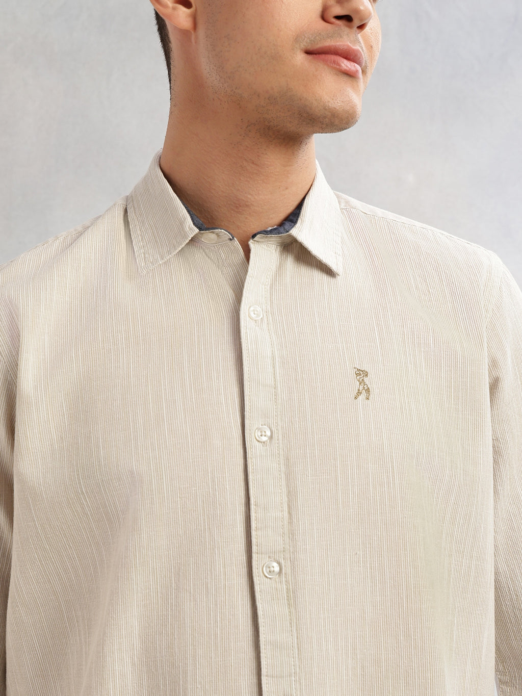 Thomas Scott Men Beige Cricket Club Collection Slim Fit Long Sleeves Spread Collar Pinstripe Cotton Linen Casual Shirt
