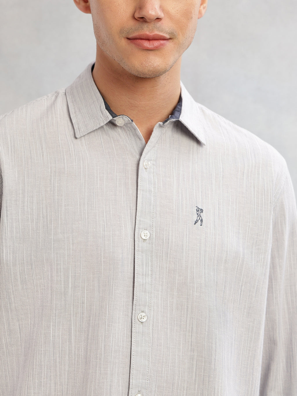 Thomas Scott Men Grey Cricket Club Collection Slim Fit Long Sleeves Spread Collar Pinstripe Cotton Linen Casual Shirt