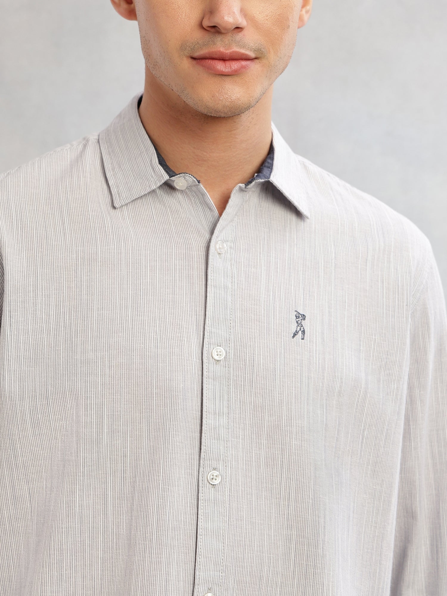 Thomas Scott Men Grey Cricket Club Collection Slim Fit Long Sleeves Spread Collar Pinstripe Cotton Linen Casual Shirt