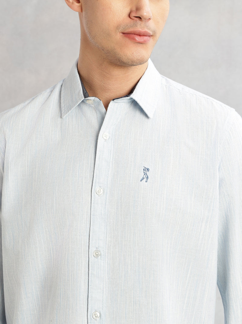 Thomas Scott Men Sky Blue Cricket Club Collection Slim Fit Long Sleeves Spread Collar Pinstripe Cotton Linen Casual Shirt