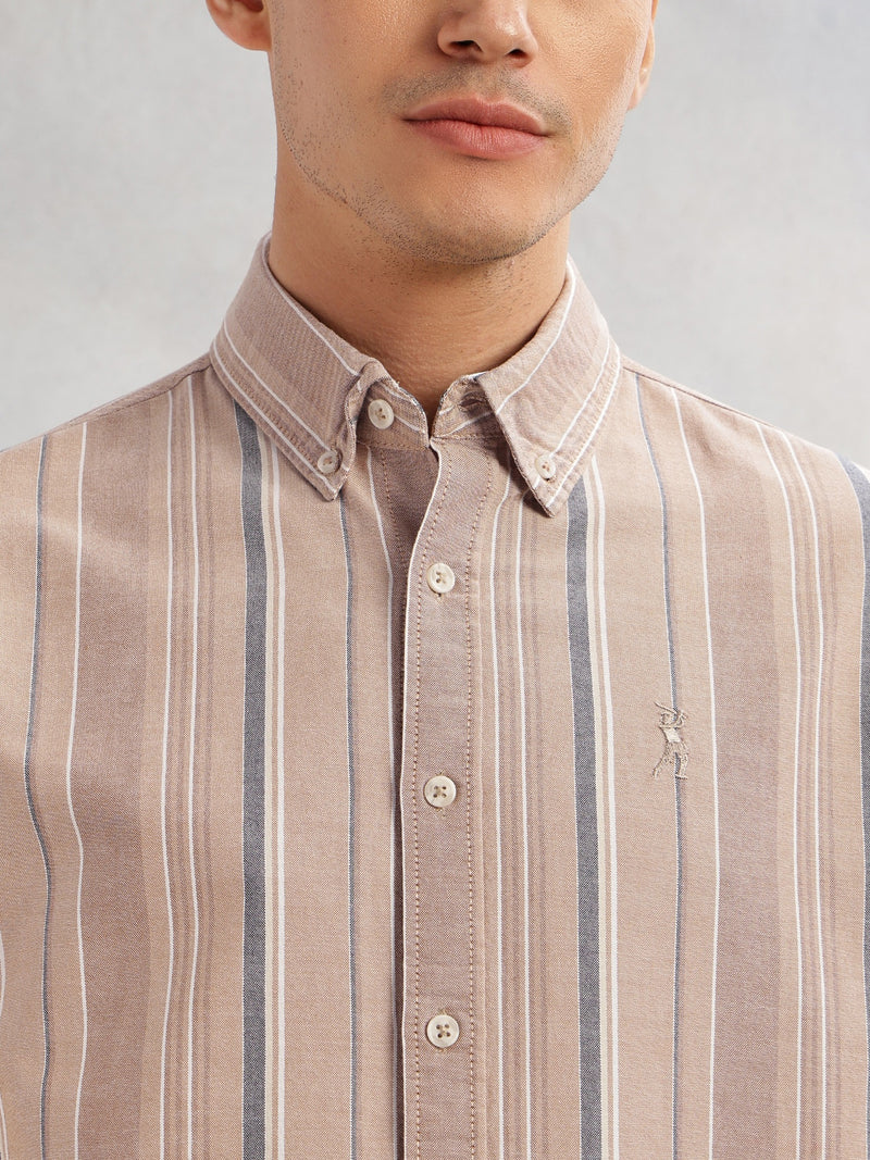 Thomas Scott Men Beige Cricket Club Collection Slim Fit Long Sleeves Button-Down Collar Multi Stripe Cotton Casual Shirt
