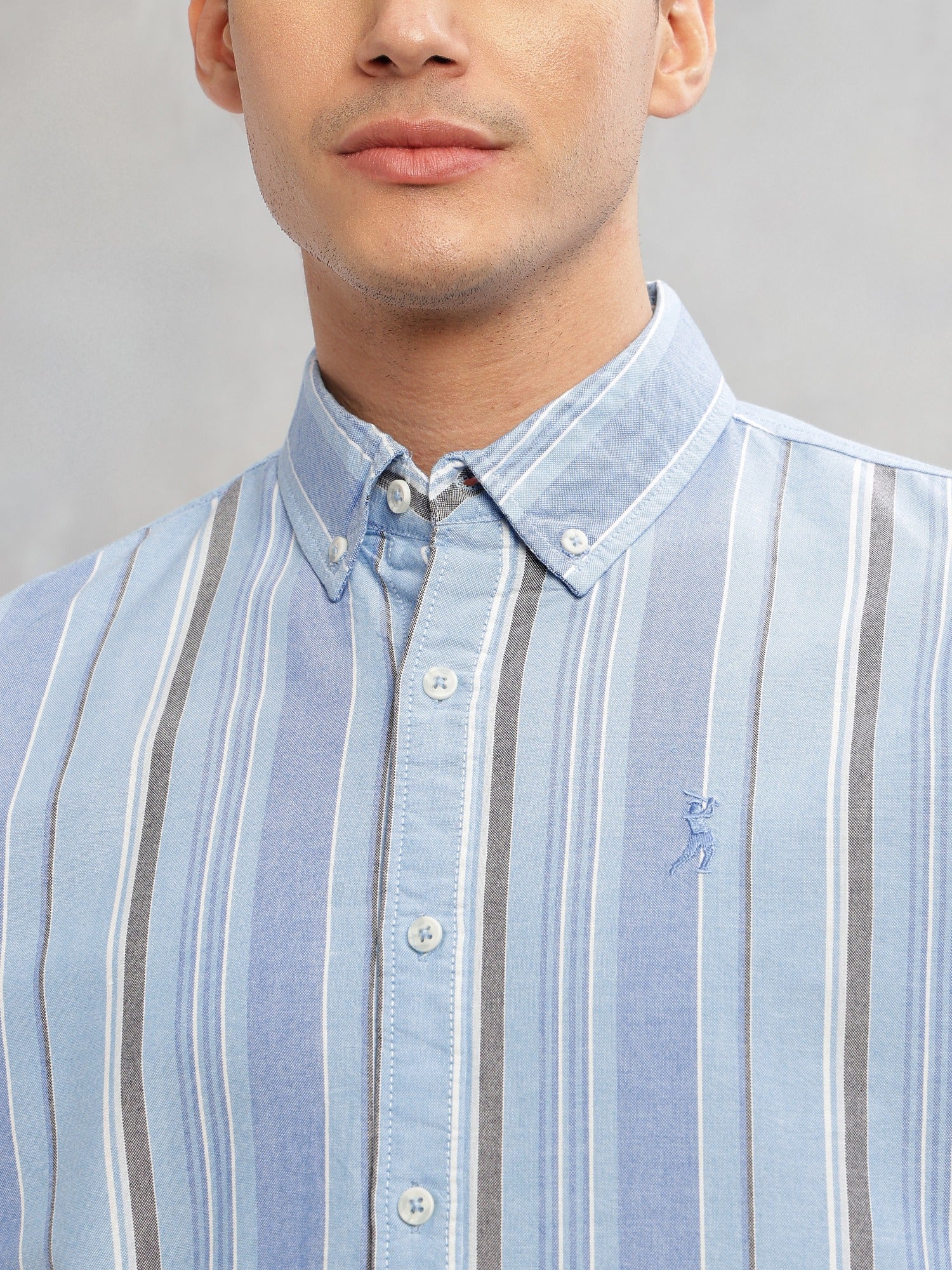 Thomas Scott Men Blue Cricket Club Collection Slim Fit Long Sleeves Button-Down Collar Multi Stripe Cotton Casual Shirt