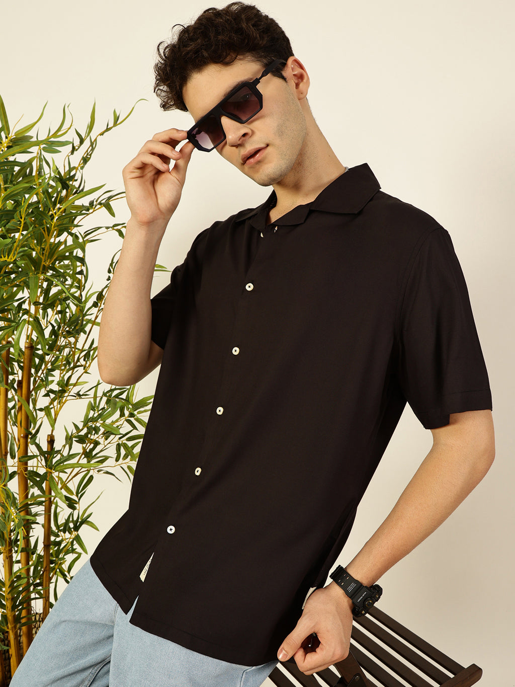 Black Short Sleeves Oversized Fit Solid Cuban Collar Viscose Casual Shirt
