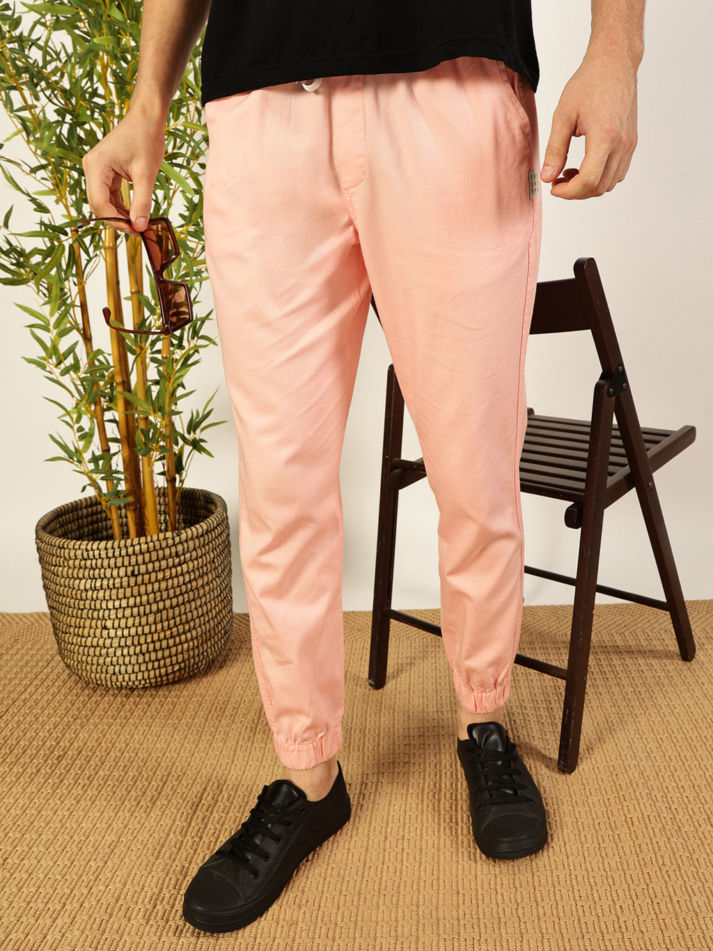 Thomas Scott Men Peach Regular Fit Mid-Rise 3 Pockets Solid Cotton Woven Joggers