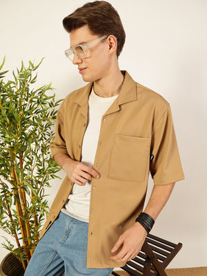 Thomas Scott Men Beige Short Sleeves Oversized Fit Textured Cuban Collar 100% Cotton Twill Casual Shirt