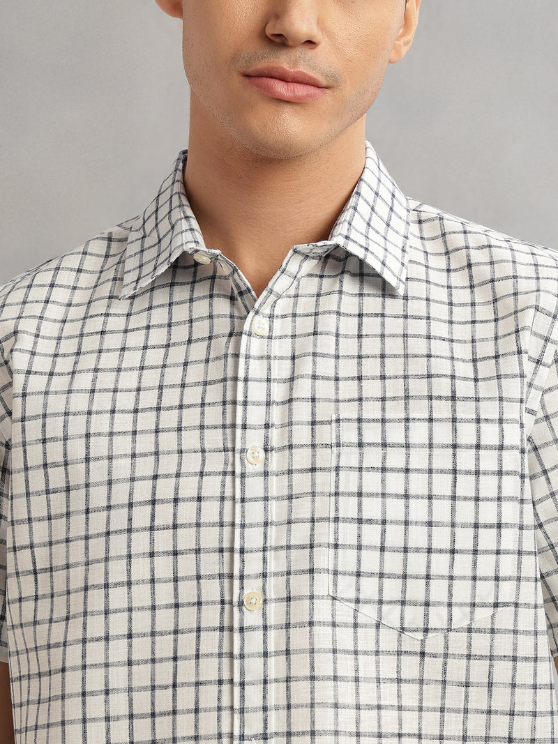 Thomas Scott Men Navy Slim Fit Short Sleeves Spread Collar Gingham Checks Cotton Linen Casual Shirt