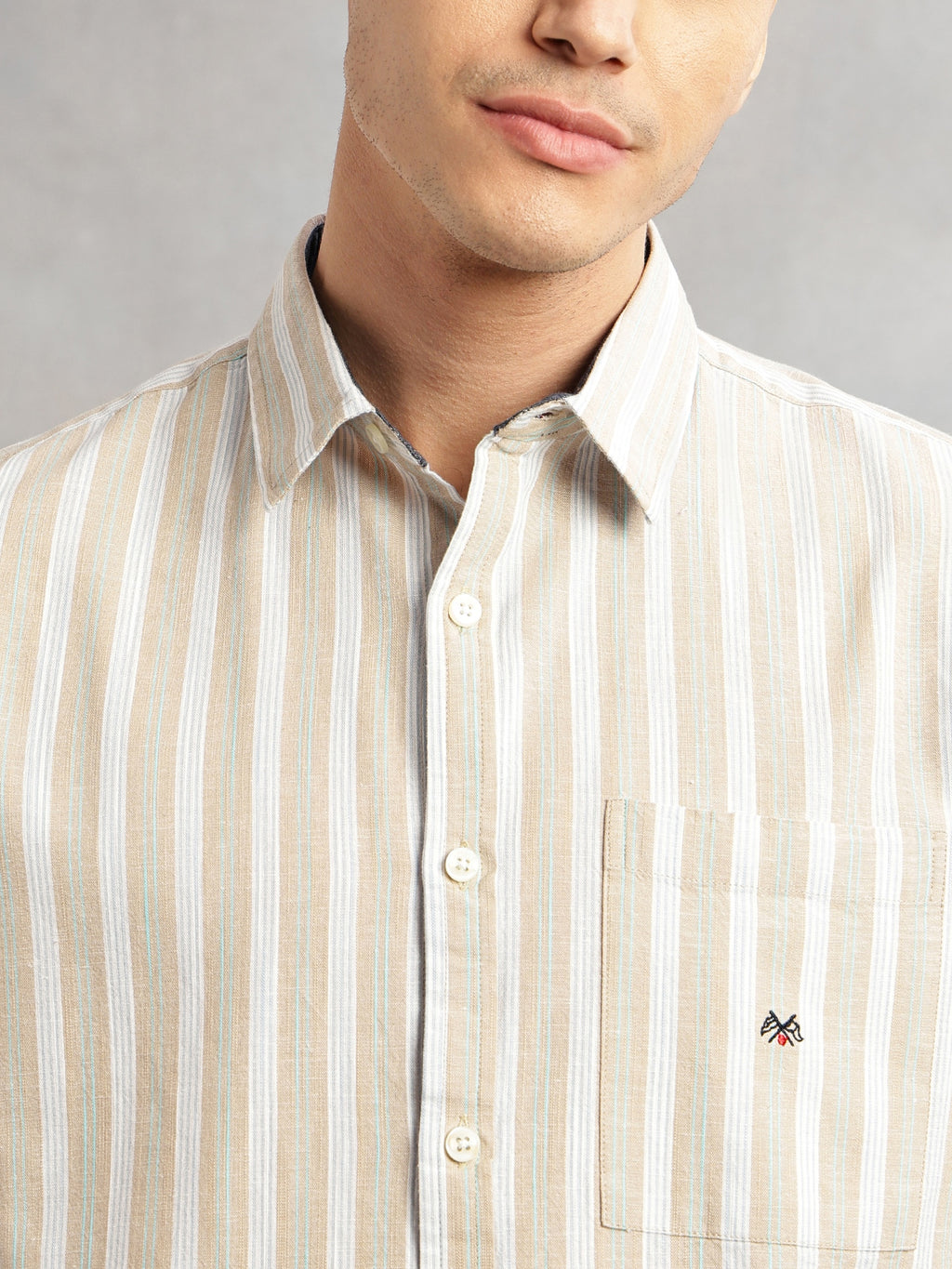 Thomas Scott Men Beige Slim Fit Cotton Linen Vertical Stripes Casual Shirt with Spread Collar & Short Sleeves