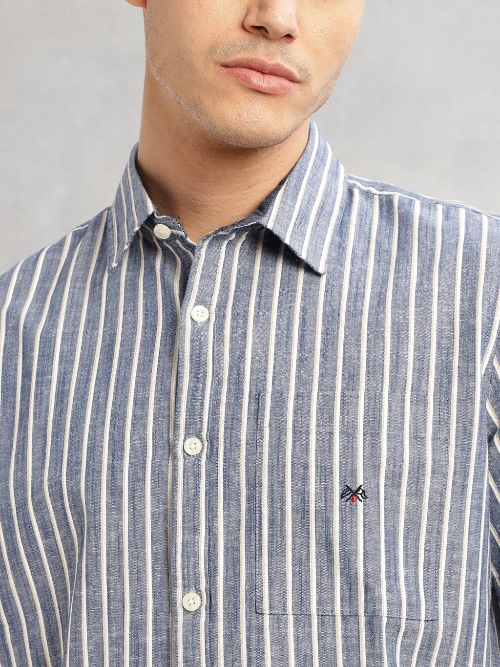 Thomas Scott Men Blue Slim Fit Cotton Linen Vertical Stripes Casual Shirt with Spread Collar & Short Sleeves