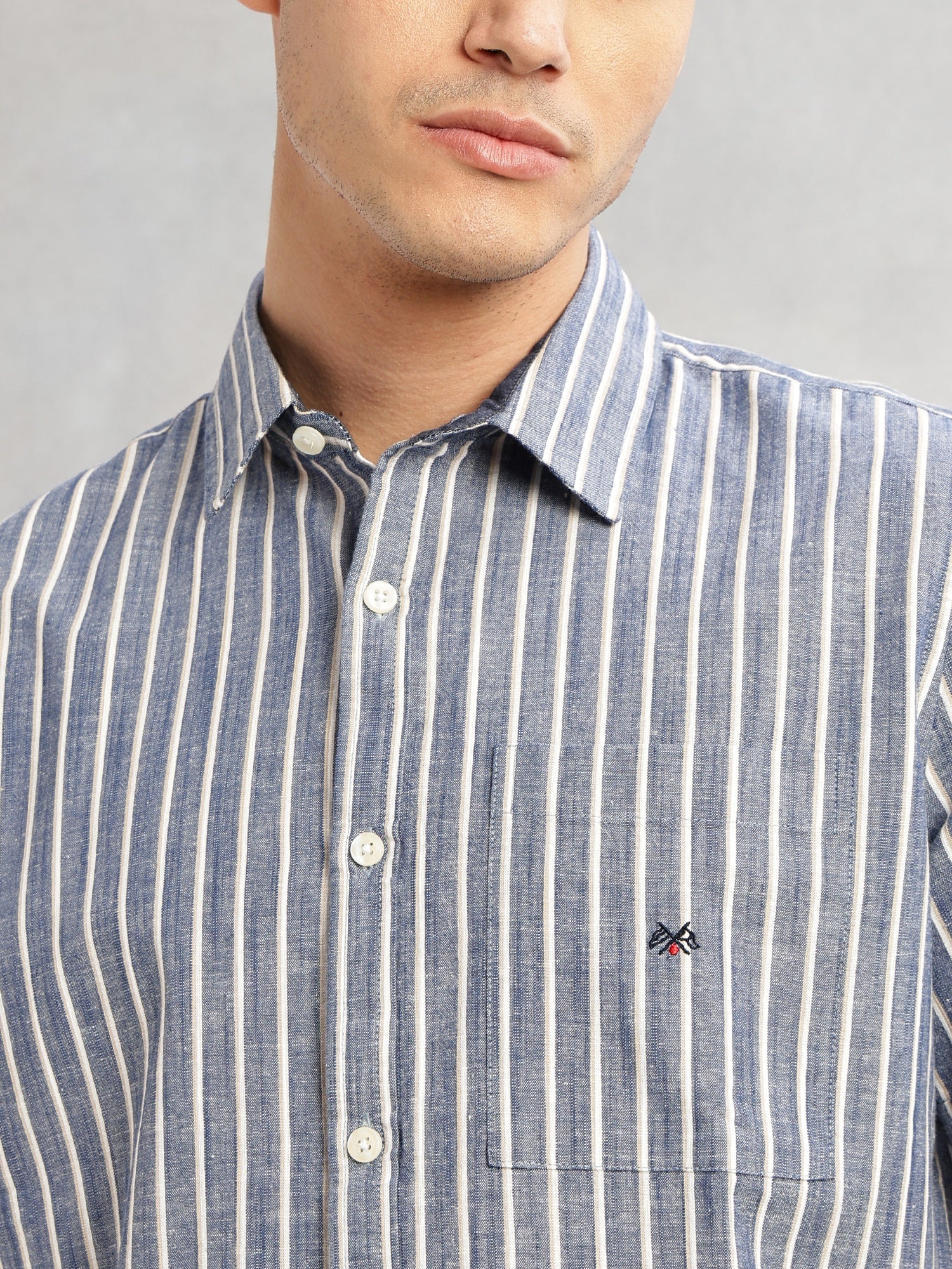 Thomas Scott Men Blue Slim Fit Cotton Linen Vertical Stripes Casual Shirt with Spread Collar & Short Sleeves