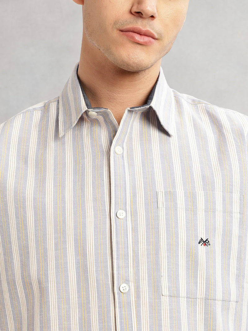Thomas Scott Men Mid Blue Slim Fit Cotton Linen Vertical Stripes Casual Shirt with Spread Collar & Short Sleeves