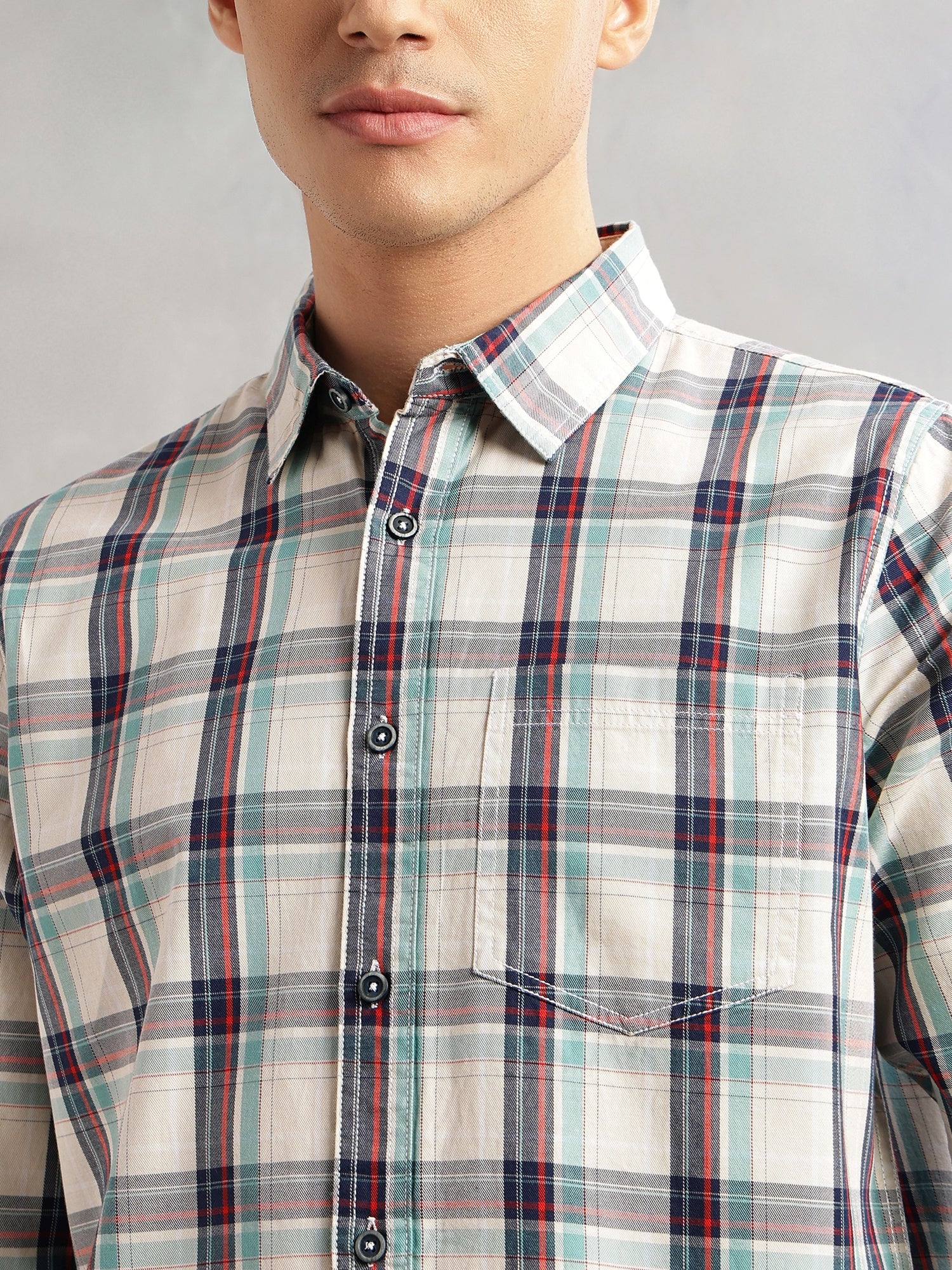 Thomas Scott Men Beige Slim Fit Long Sleeves Spread Collar Tartan Check 100% Cotton Casual Shirt