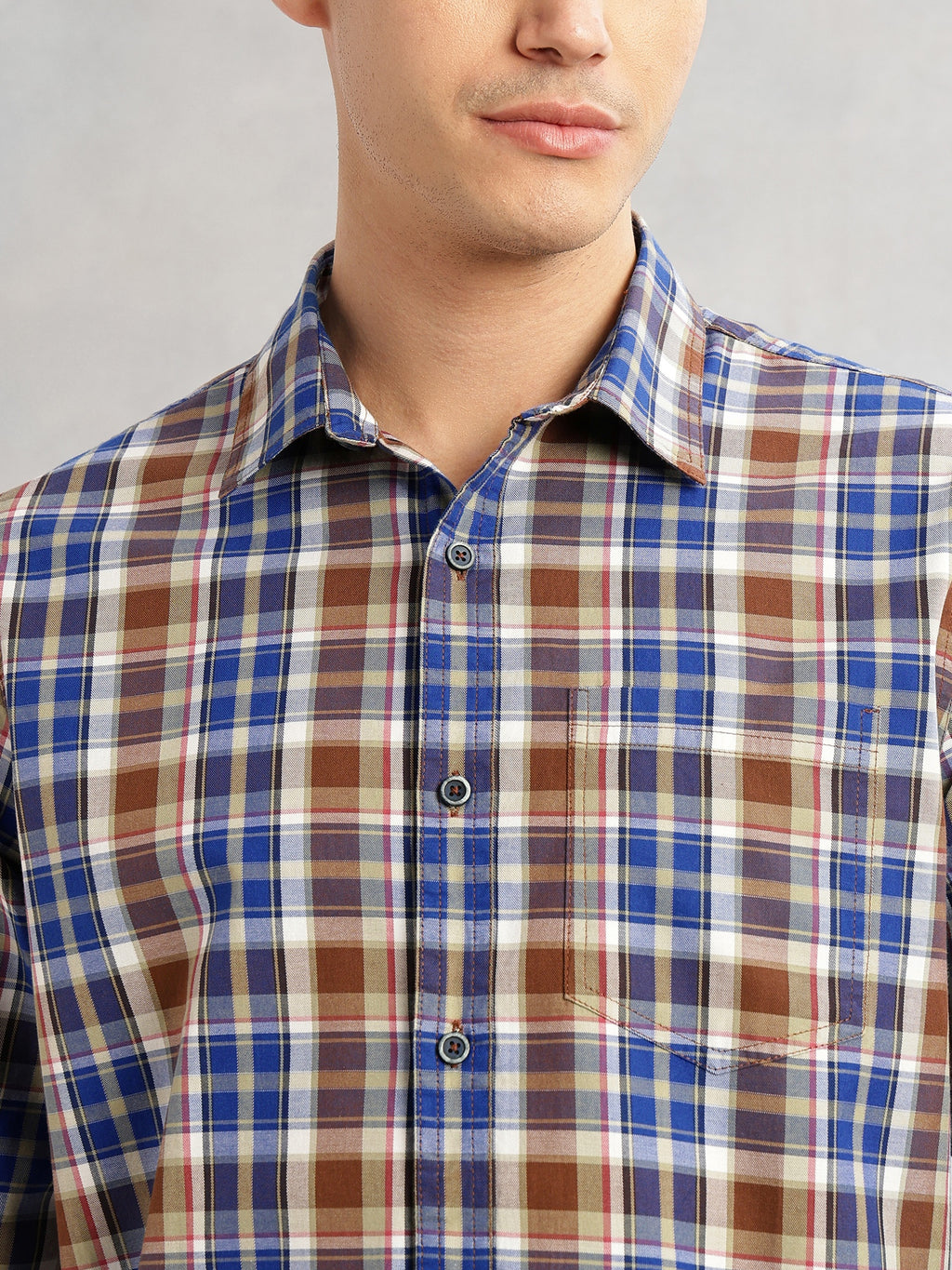 Thomas Scott Men Blue Slim Fit Long Sleeves Spread Collar Tartan Check 100% Cotton Casual Shirt