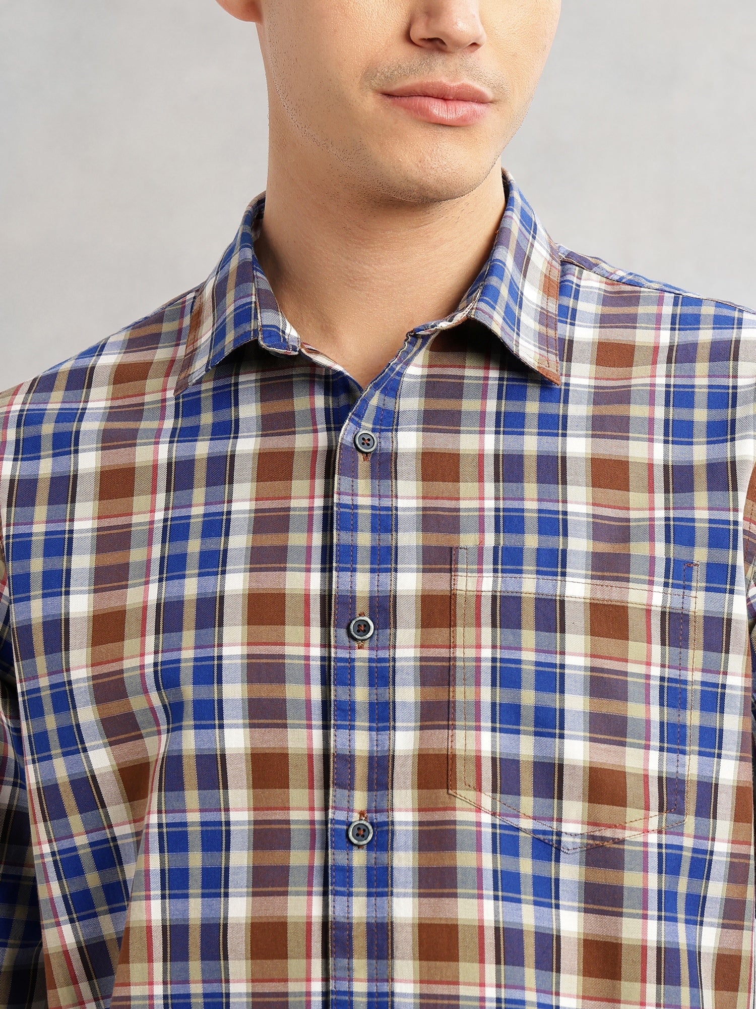 Thomas Scott Men Blue Slim Fit Long Sleeves Spread Collar Tartan Check 100% Cotton Casual Shirt