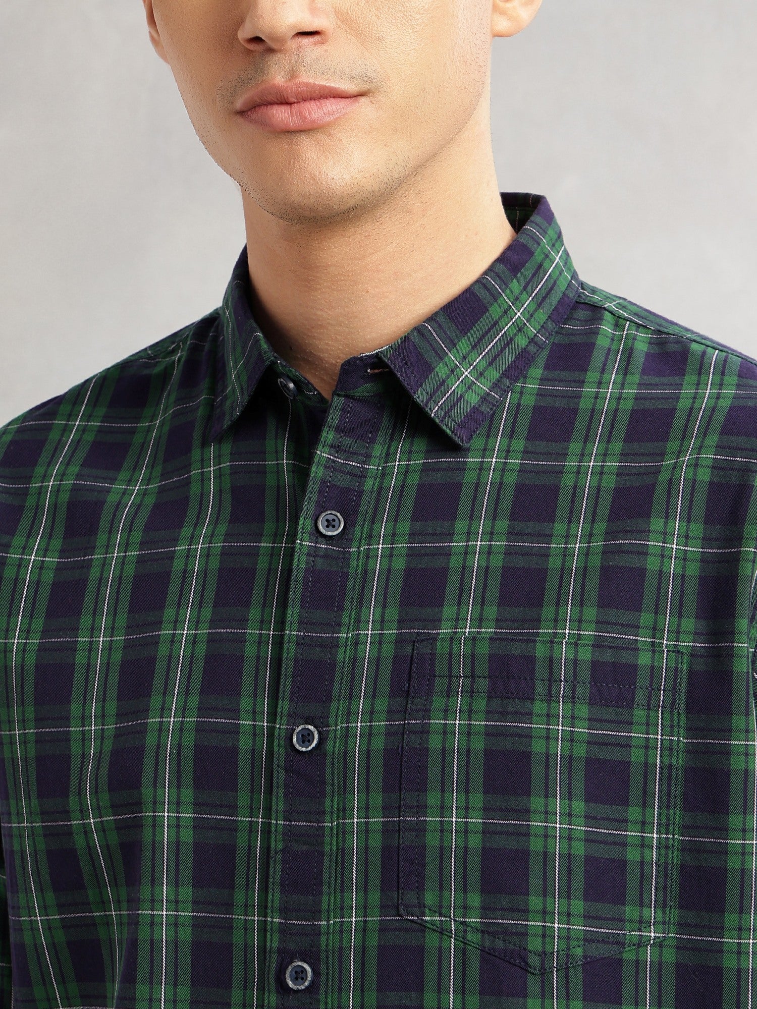 Thomas Scott Men Green Slim Fit Long Sleeves Spread Collar Tartan Check 100% Cotton Casual Shirt