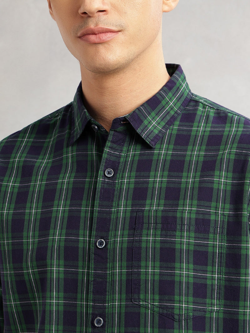 Thomas Scott Men Green Slim Fit Long Sleeves Spread Collar Tartan Check 100% Cotton Casual Shirt