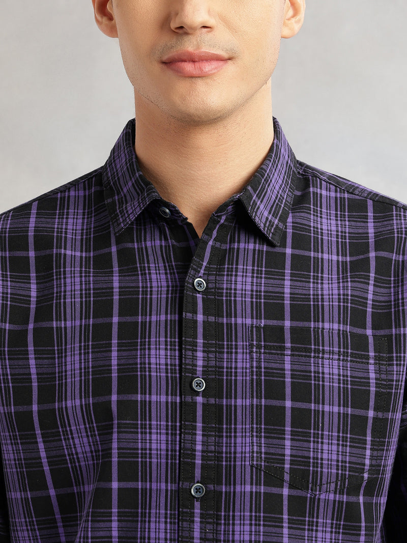 Thomas Scott Men Purple Slim Fit Long Sleeves Spread Collar Tartan Check 100% Cotton Casual Shirt