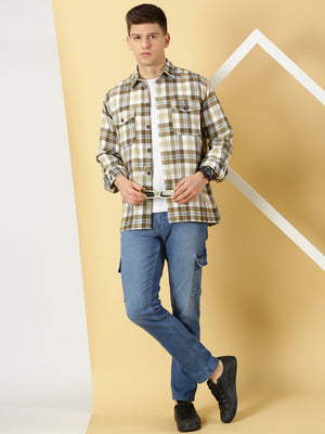 Thomas Scott Men Beige Regular Fit Long Sleeves Spread Collar Tartan Checks Casual Shacket