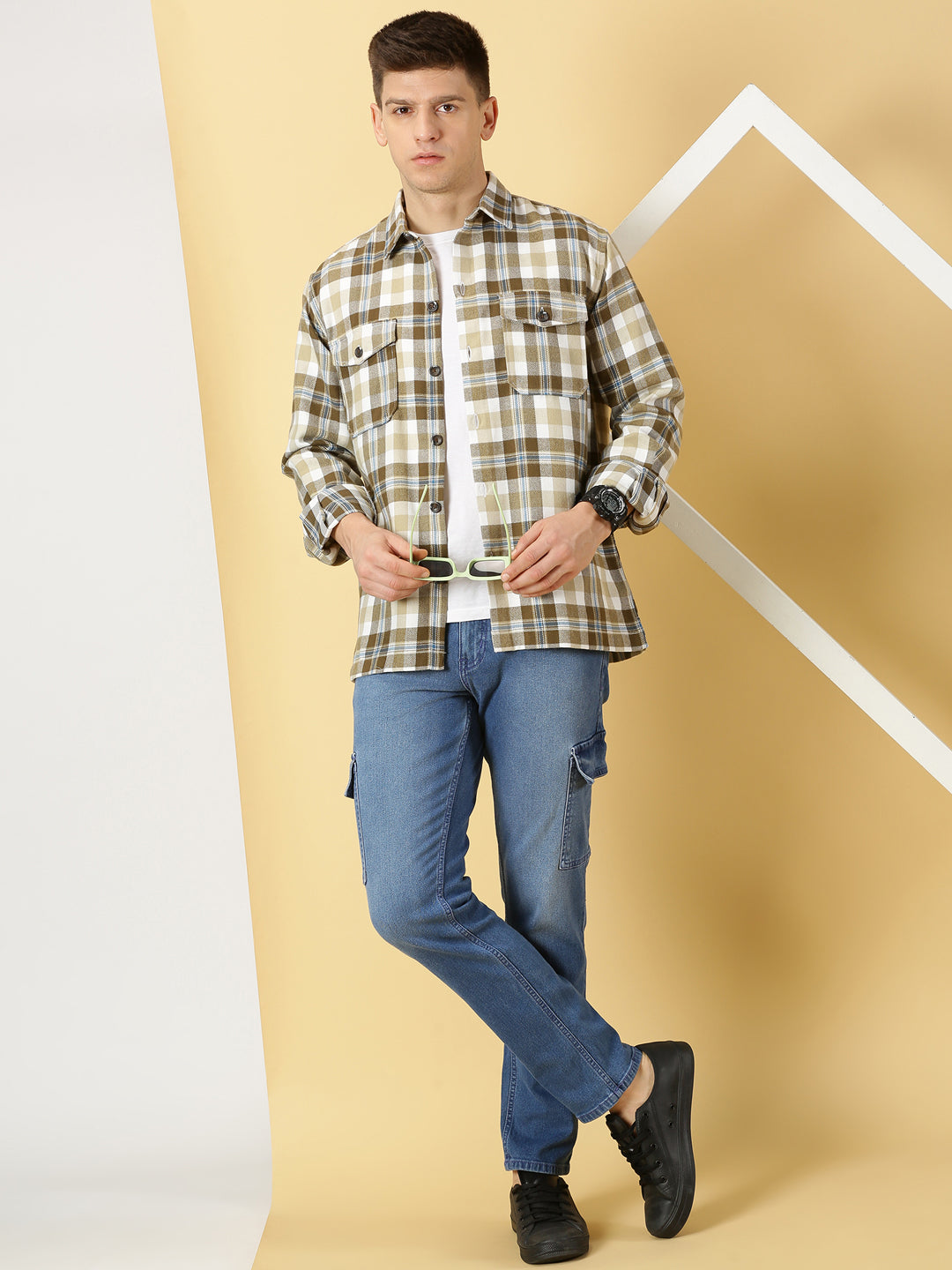 Thomas Scott Men Beige Regular Fit Long Sleeves Spread Collar Tartan Checks Casual Shacket