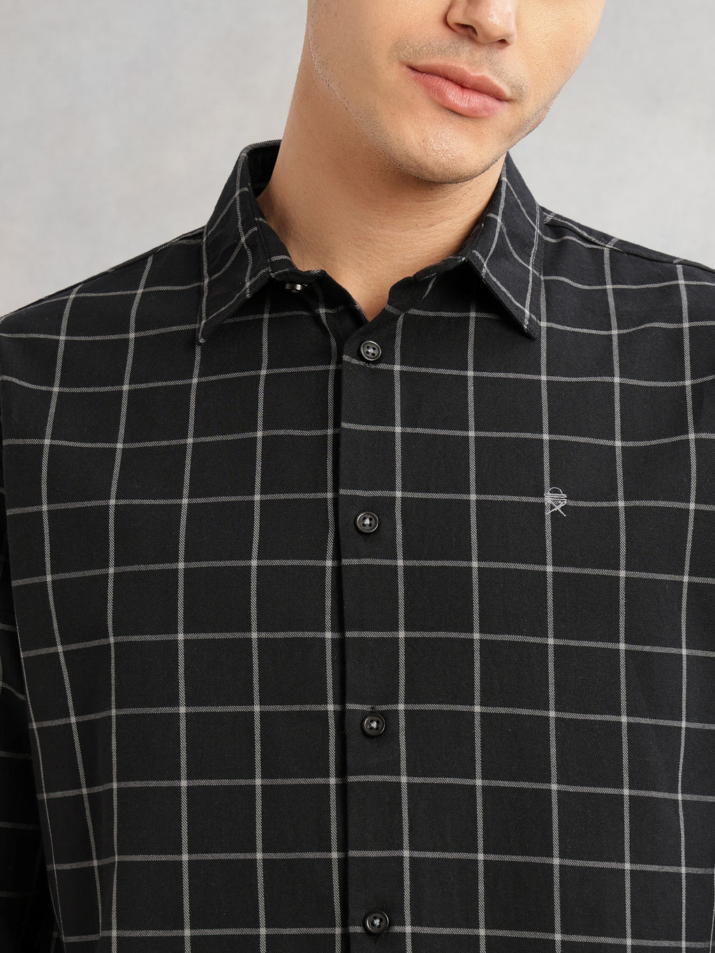 Thomas Scott Men Black Slim Fit Long Sleeves Spread Collar Windowpane Check 100% Cotton Twill Casual Shirt