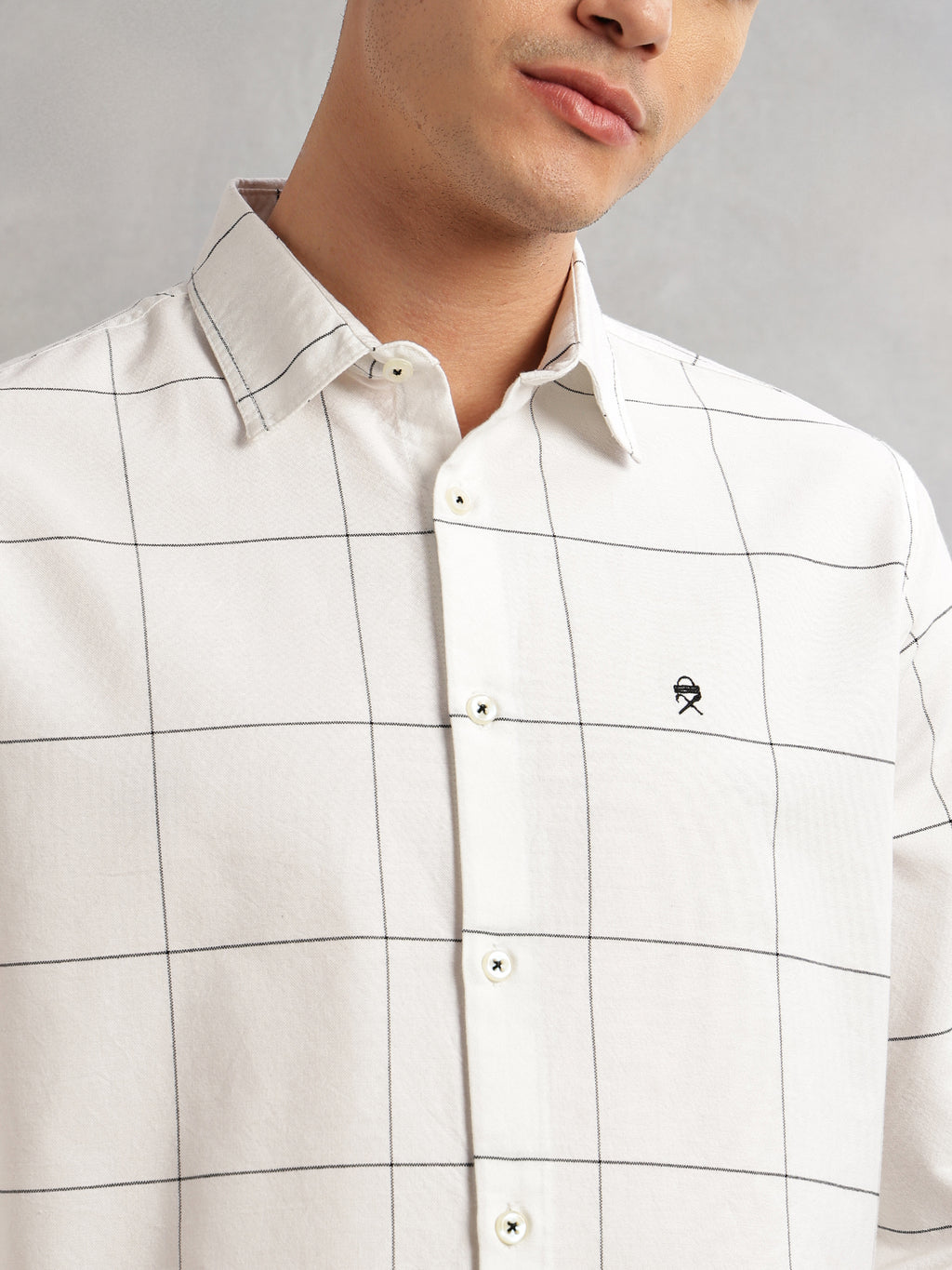 Thomas Scott Men White Slim Fit Long Sleeves Spread Collar Windowpane Check 100% Cotton Twill Casual Shirt