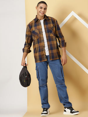 Thomas Scott Men Brown Oversized Long Sleeves Spread Collar Buffalo Checks Flannel Casual Shirt