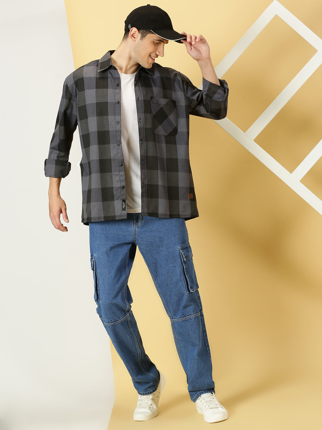 Thomas Scott Men Grey Oversized Long Sleeves Spread Collar Buffalo Checks Knitted Casual Shacket