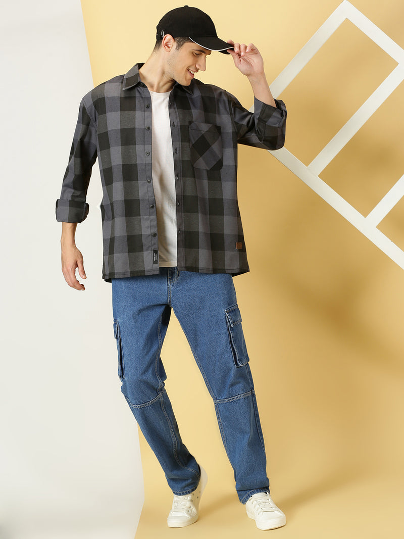 Thomas Scott Men Grey Oversized Long Sleeves Spread Collar Buffalo Checks Knitted Casual Shacket